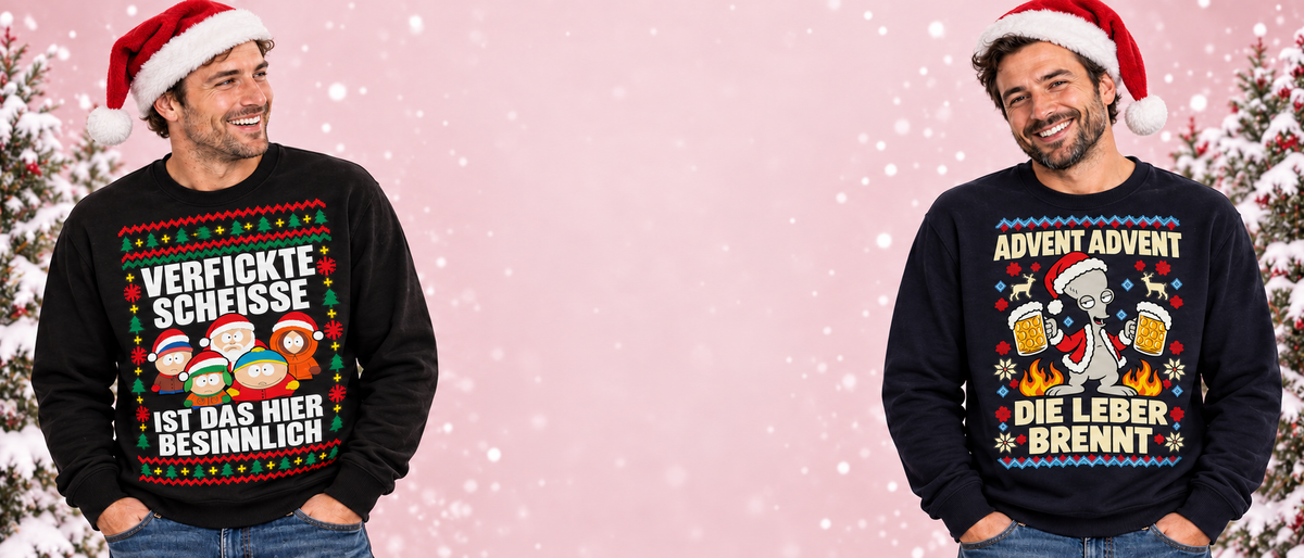 Humorvolle Christmas Sweater vor verschneiten Tannen.